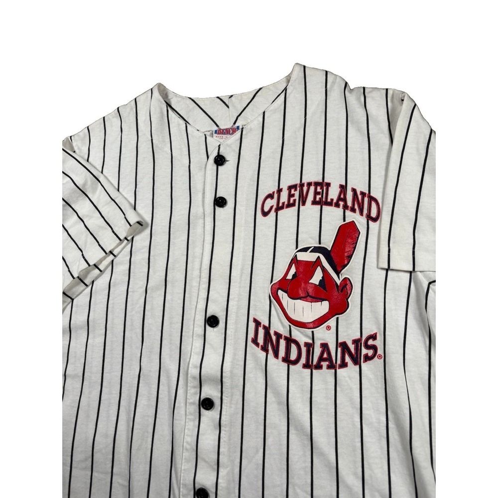 Vintage 90s Cleveland Indians Pinstripe Jersey L Chief Wahoo Majestic USA Mens